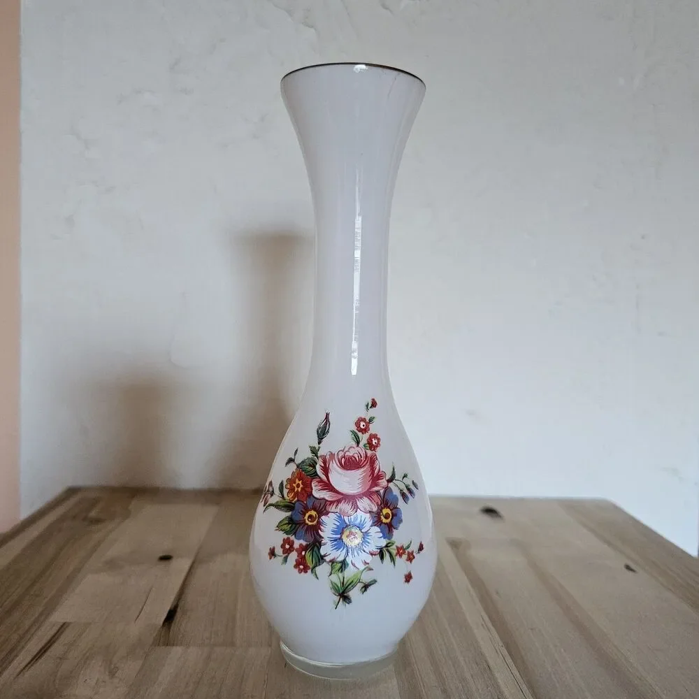 Vintage Frosted Glass Bud Vase – Floral Transfer Design – Mid Century Modern